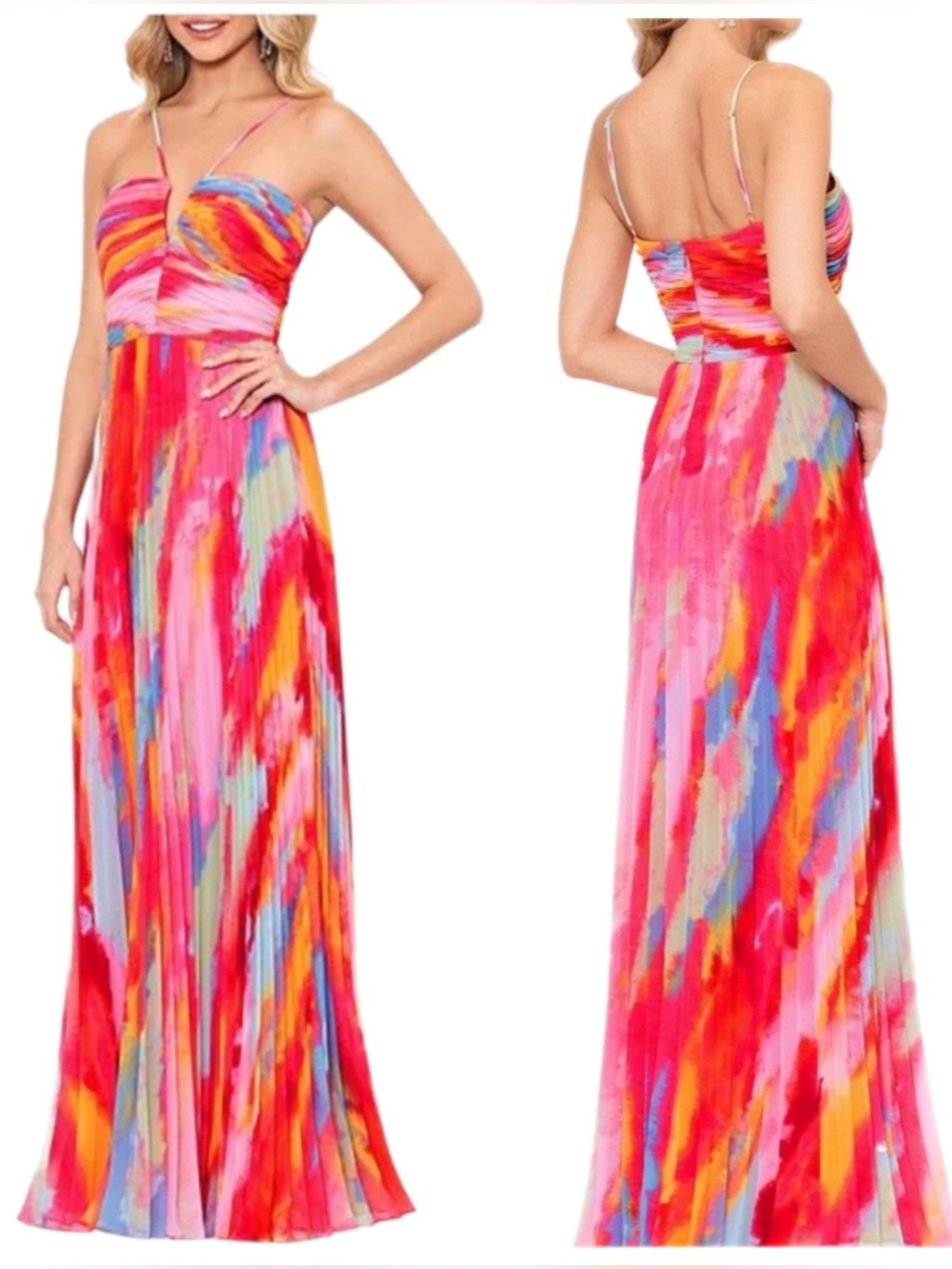 Xscape Abstract Print Pleated Chiffon Maxi Dress Size 10 Formal Special Event
